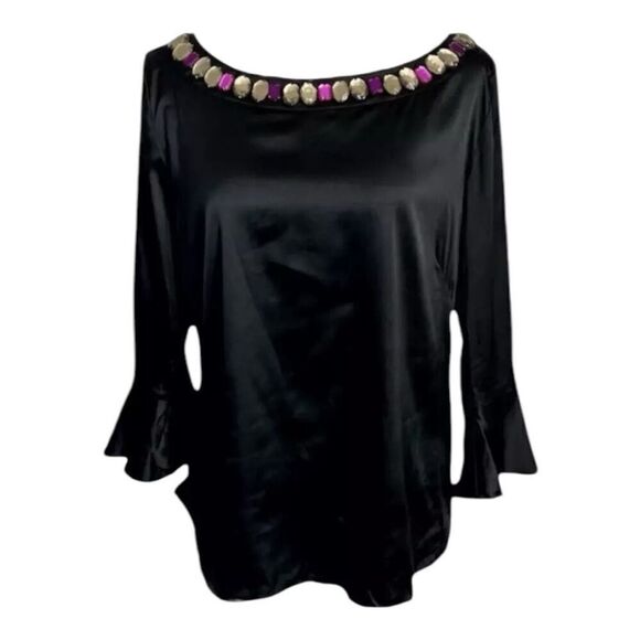 ECI New York Black Soft Satin Rhinestone Bell-Sleeve Blouse Size L Stretch Zip - Picture 1 of 12
